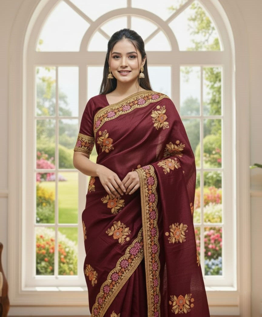 Premium Embroidery Semi Moslin Sharee